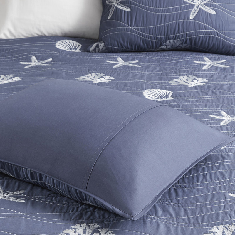 Literie réversible 4 pièces en coton bleu marine avec courtepointe rembourrée et grand, facile à nettoyer, Marine
