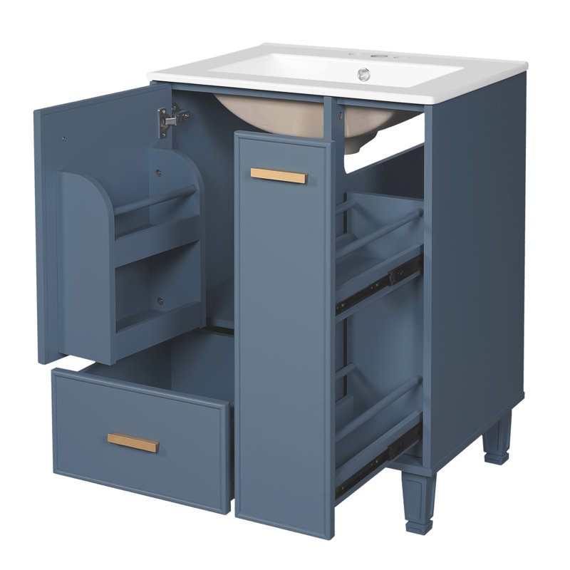 Meuble-lavabo 24 po avec lavabo, armoire de salle de bain avec tablette de porte, tiroir profond, panier coulissant à 2 niveaux