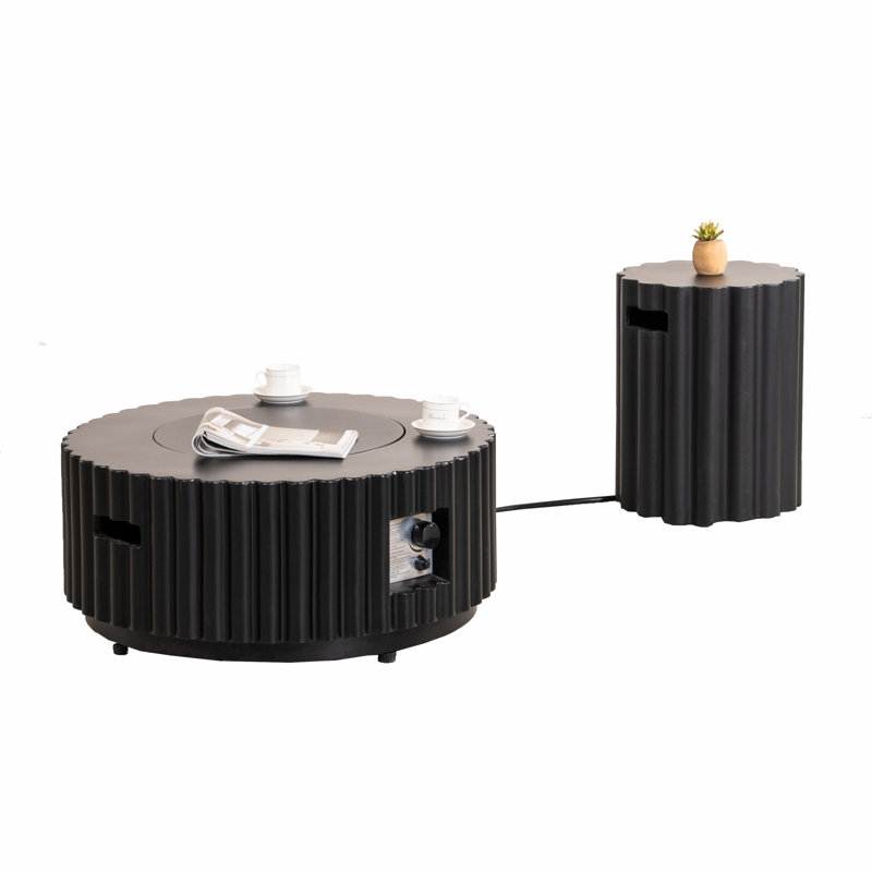 Table de foyer ronde au propane de 91 cm (36 po) avec texture ondulée sculpturale et support de bouteille dissimulé, noire