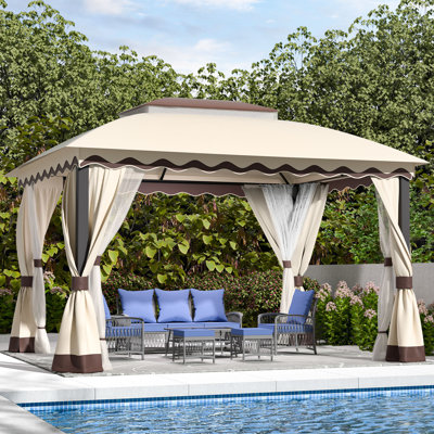 Pavillon de jardin d'extérieur 10 x 13 avec abri anti-moustiques et abri de jardin à double toit en métal