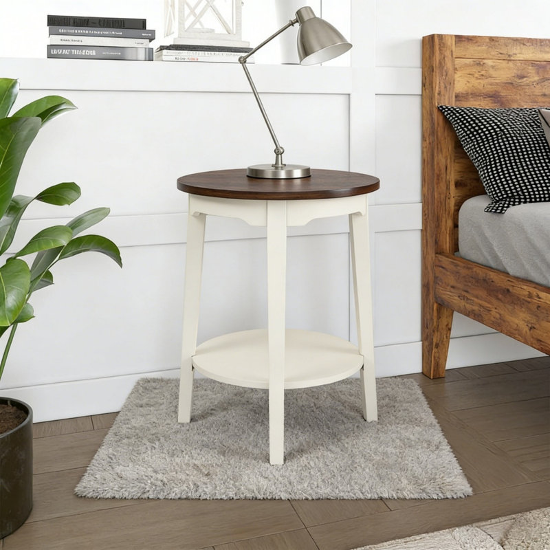 24'' Round Cream White Modern Solid Wood Dark Brown End Table With Storage For Living Room&Bedroom