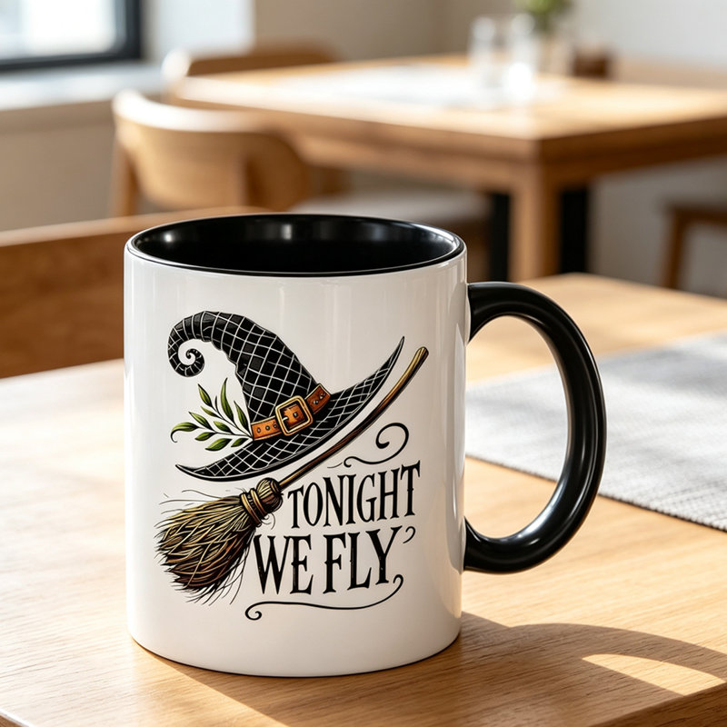 1pc Ceramic Mug with Witch Hat And Broomstick Design Tonight We Fly Halloween-Themed Coffee Cup, Insulated for Hot And Cold Drinks.