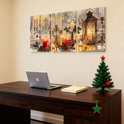 Ensemble de 3 tableaux sur toile représentant des bougies et des lanternes de Noël, pour la décoration du salon, de la chambre et de la maison.