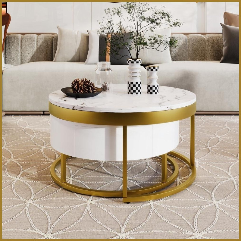 Table basse moderne blanche avec 2 tiroirs, plateau en panneau de fibres à densité moyenne et amp; Base dorée pour le salon