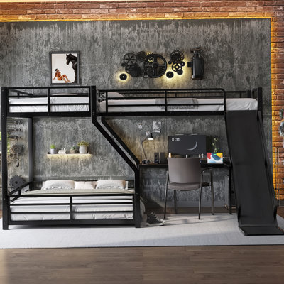 L-Shaped Twin over Full Bunk Bed with Twin Size Loft Bed, Metal Triple Bunk Bed with Slide and USB Ports, Space-saving and Noise-free Design, Black by Orren Ellis