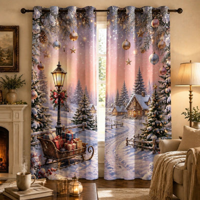 2Pcs Hiver, scène de village de Noël, rideaux bloquant le soleil, dessus de l'anneau d'art de paysage de neige festif, isolation thermique décorative pour fenêtre de salon pour la maison