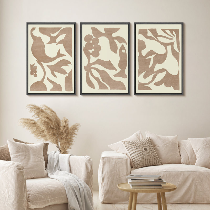 «Green Botanical Shapes Modern Cutout Triptych», reproduction d'art encadrée sur toile, 3 pièces, Vert, Noir