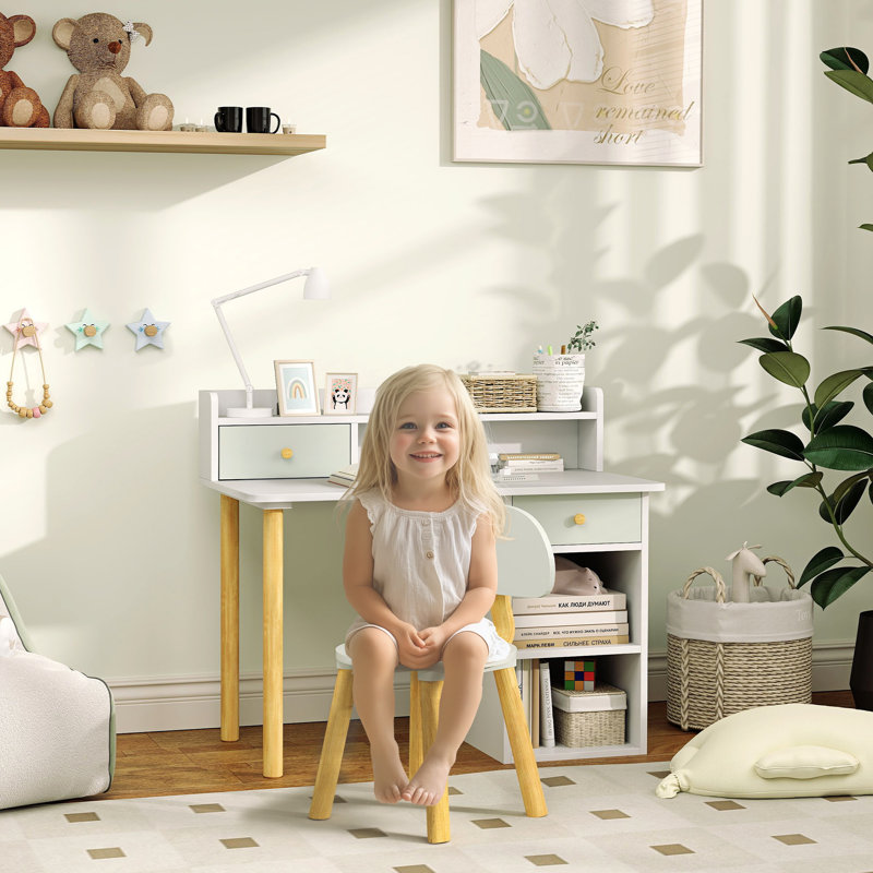 AIYAPLAY Kids Desk and Chair Set with Hutch Drawer Ages 3-8 Years Green