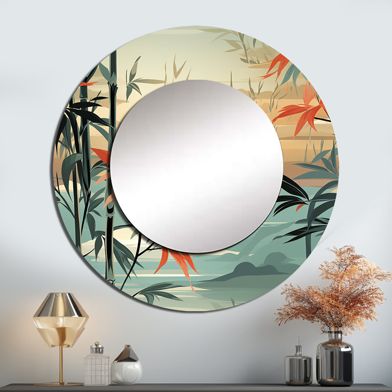 Motif tropical de mirage de bambou vert et orange - miroir tropical, miroir mural rond vert unique, impression d'art en métal