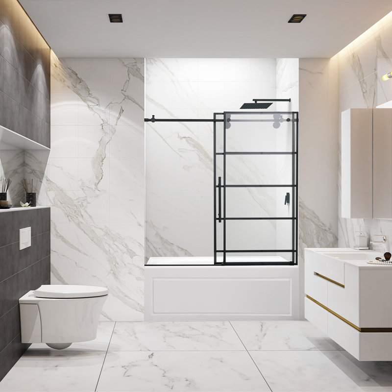 Porte de baignoire coulissante simple sans cadre de 56 à 60 po x H 60 po avec verre transparent rayé de 8 mm