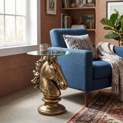 Majestic Gold Horse Head Side Table – Sculptural Art Accent with Glass Top