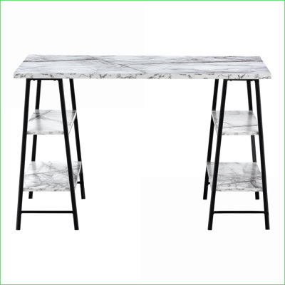 Bureaux, bureau d'ordinateur 48 "industriel avec tablettes de rangement, stratifié marbré blanc, métal noir | blanc | métal