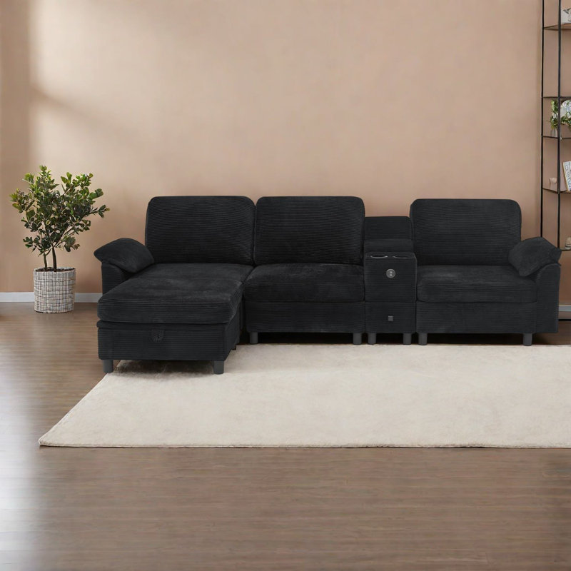 Canapé d'angle moderne avec rangement, canapé multifonctionnel à structure en bois pour la maison, Noir