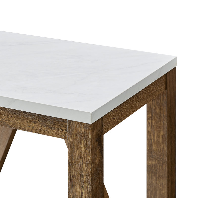 Emmie A-Frame End Table with Lower Shelf, White Marble Top/Natural Walnut Base
