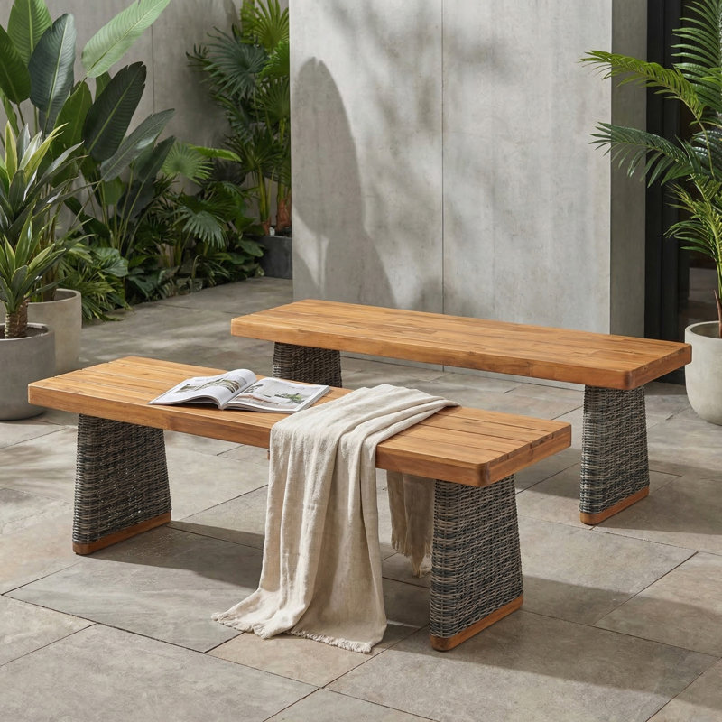Banc d'extérieur en bois d'acacia (ensemble de 2), finition teck + osier gris, 2, Gris, teck
