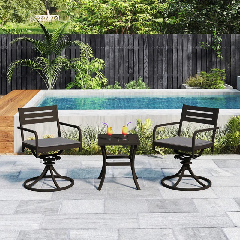 Ensemble de patio extérieur pivotant en métal - 2 fauteuils et table