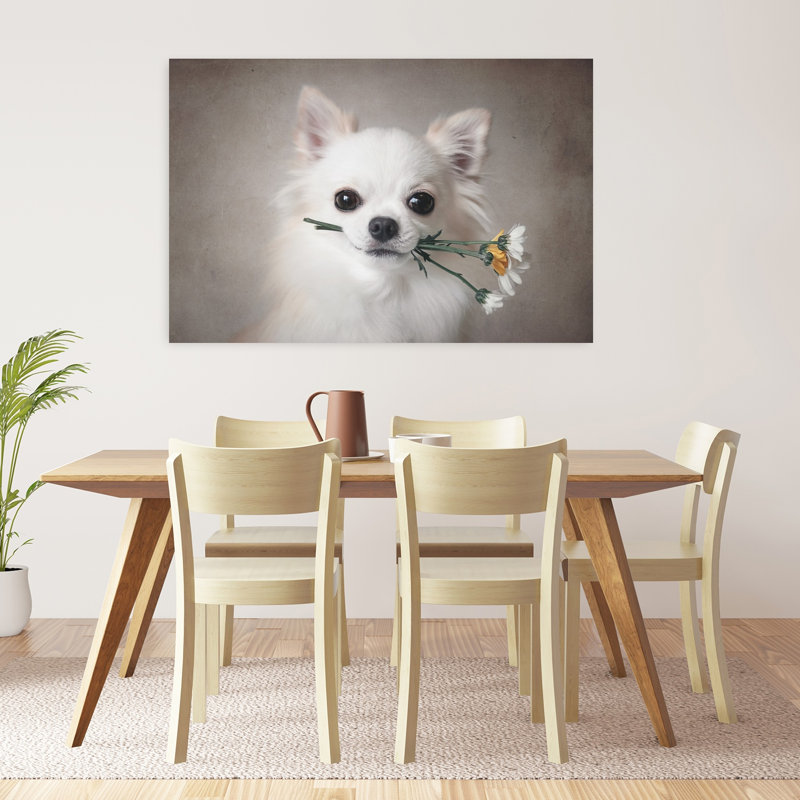 Adorable chihuahua et fleurs - Illustration murale abstraite contemporaine représentant un paysage de marguerites et de chiens - Chiot mignon