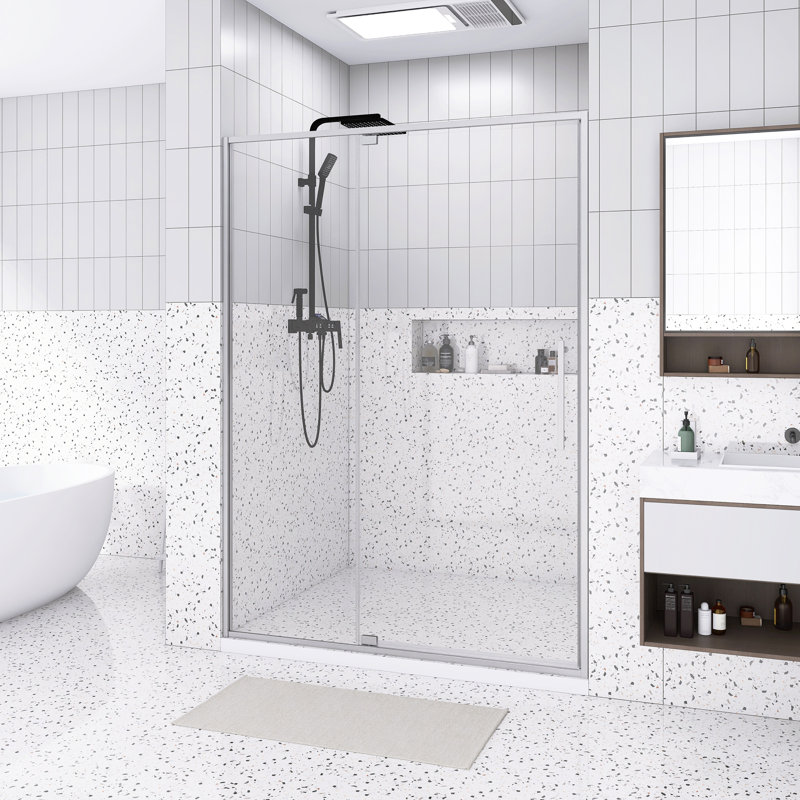 Porte de douche à pivot 50 x 54 po x H 74 po | Ouvert à l'extérieur | Arrêt à 105 degrés | Verre trempé 5/16 po | Nickel brossé