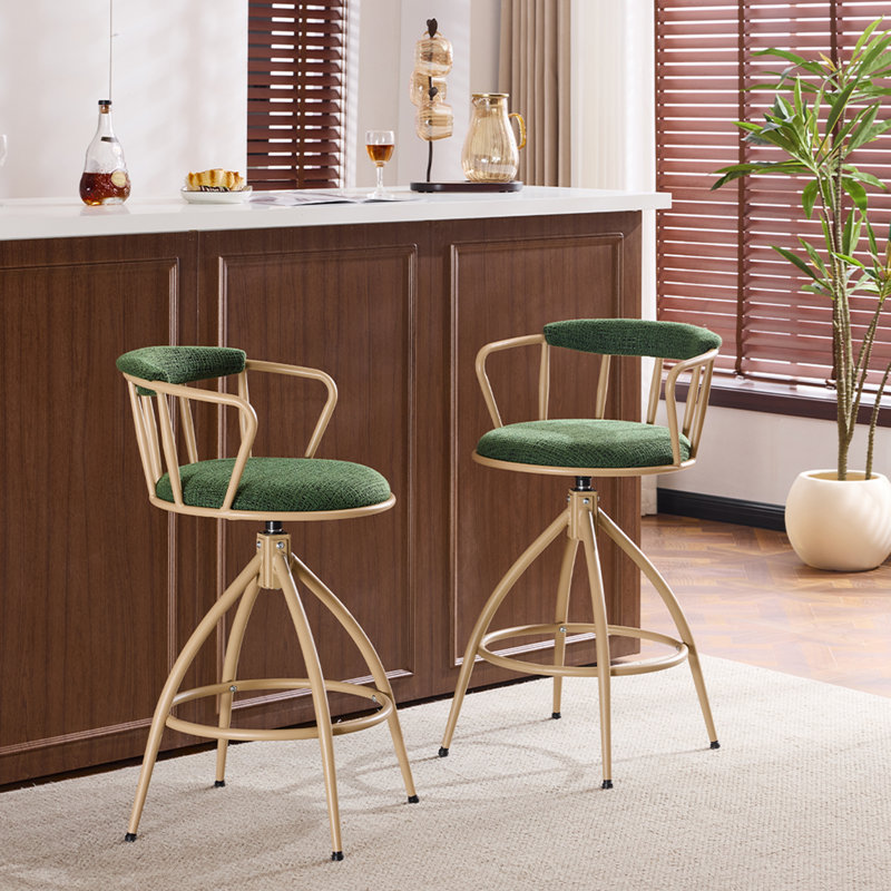 Set Of 2 Fabric Swivel Bar Stools With Backrest & Footrest For Home Bar Kitchen, Green