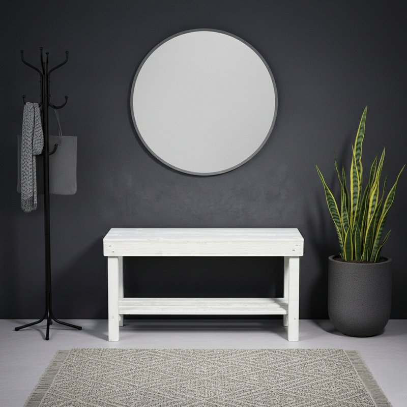 Farmhouse Rustic Bench with Storage Shelf, White