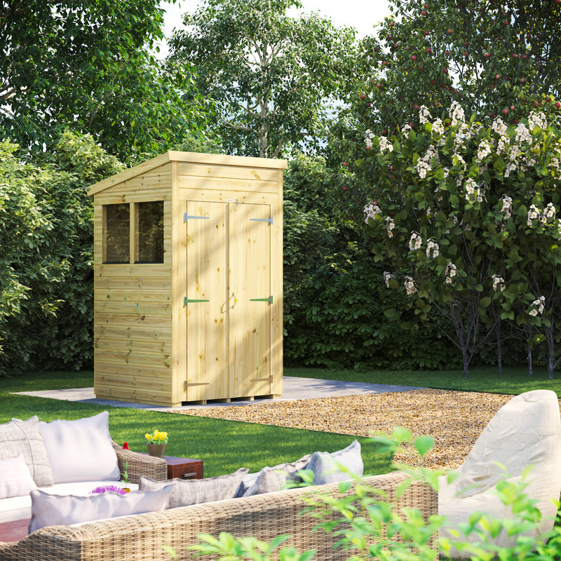 Powersheds 4 x 4ft Premium Pressure Treated Timber Pent Garden Shed, Double Doors