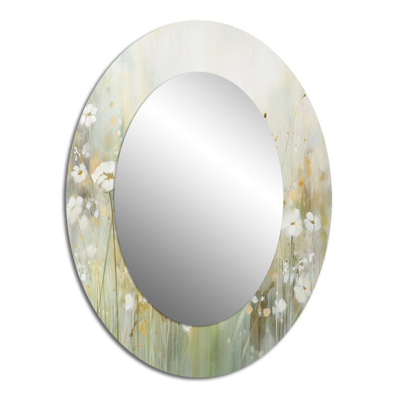 Green Beige Serene Meadows II - Abstract Oval Decorative Mirror On Metal, 40" x 30"