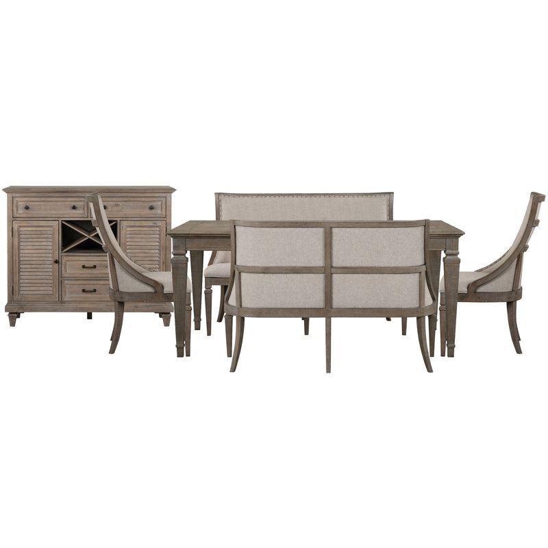 Extendable Rectangular Dining Table 2 Upholstered Benches And 2 Arm Chairs And Server