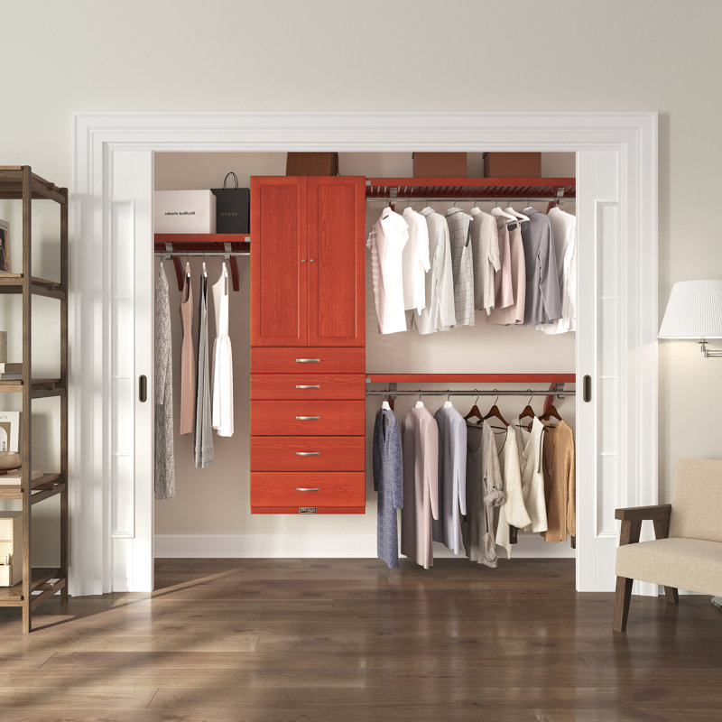 John Louis Home Solid Wood Walk-In Closet System with 5-Drawers and Solid Panel Doors, Red