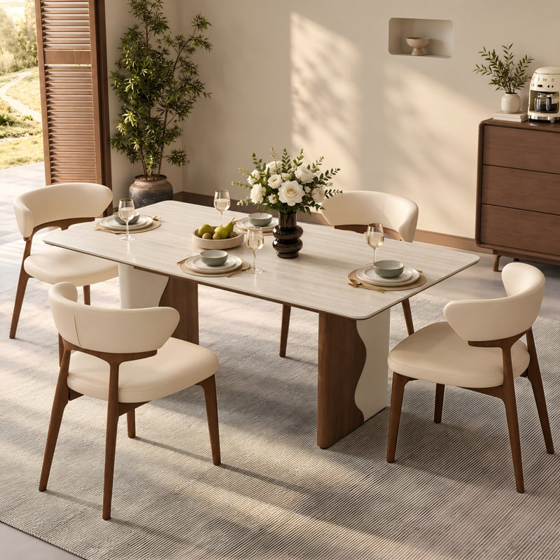Table de salle à manger rectangulaire 63 po moderne pour 63 à 63 personnes, table de cuisine avec plateau en travertin et pieds uniques en deux couleurs, facile à assembler pour la salle à manger, la cuisine et le salon