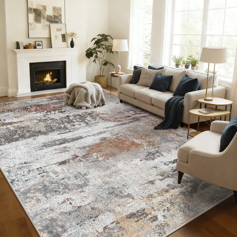 Machine-washable, foldable, ultra-soft short-pile printed rug Modern abstract oil painting design in brown-red tones Suitable for living rooms, bedrooms, studies, and hotels Indoor carpet
