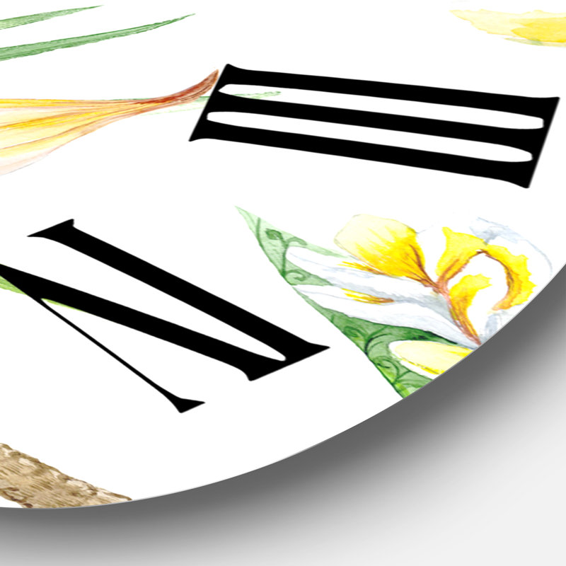 Feuillage tropical et fleurs jaunes V - horloge murale moderne, Moyenne
