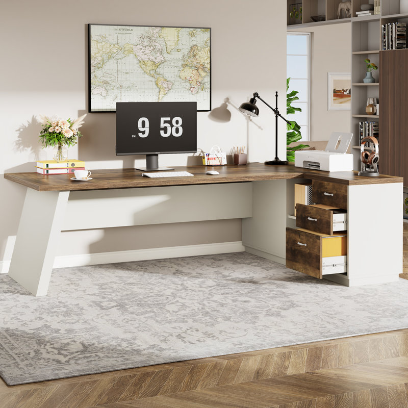 L-Shaped Executive Office Desk With Drawers, Brown/White