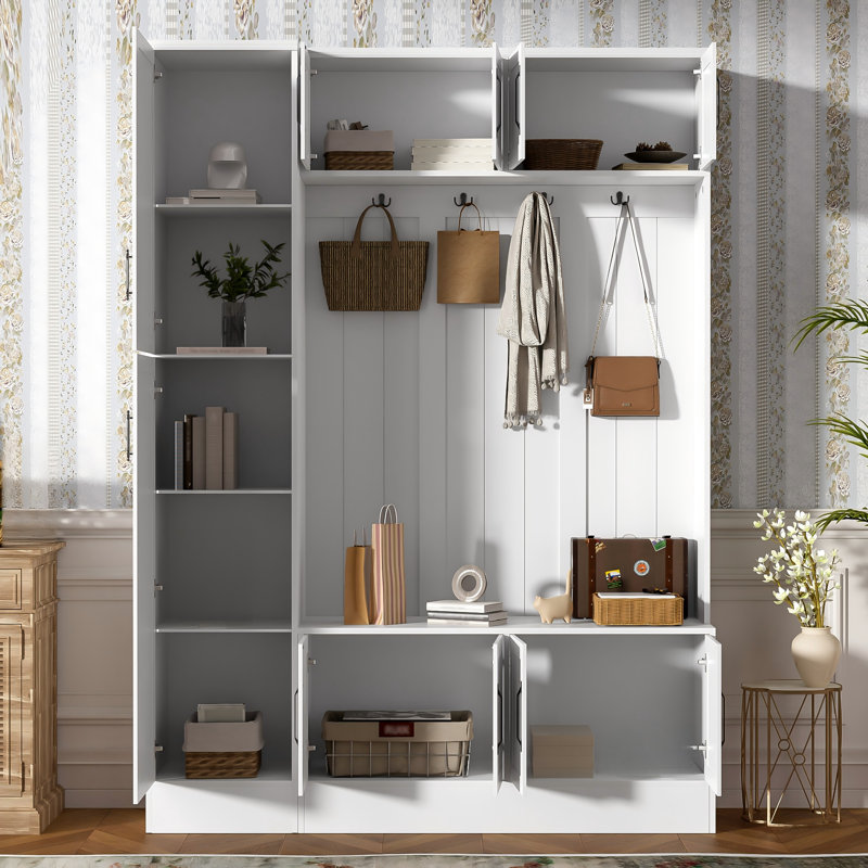 79 Inch Tall Modern Integrated Hall Tree, 4-In-1 Entryway Bench With 6 Storage Cabinets, 4 Coat Hooks And Adjustable Shelf, Hallway Living Room Storage Furniture, White