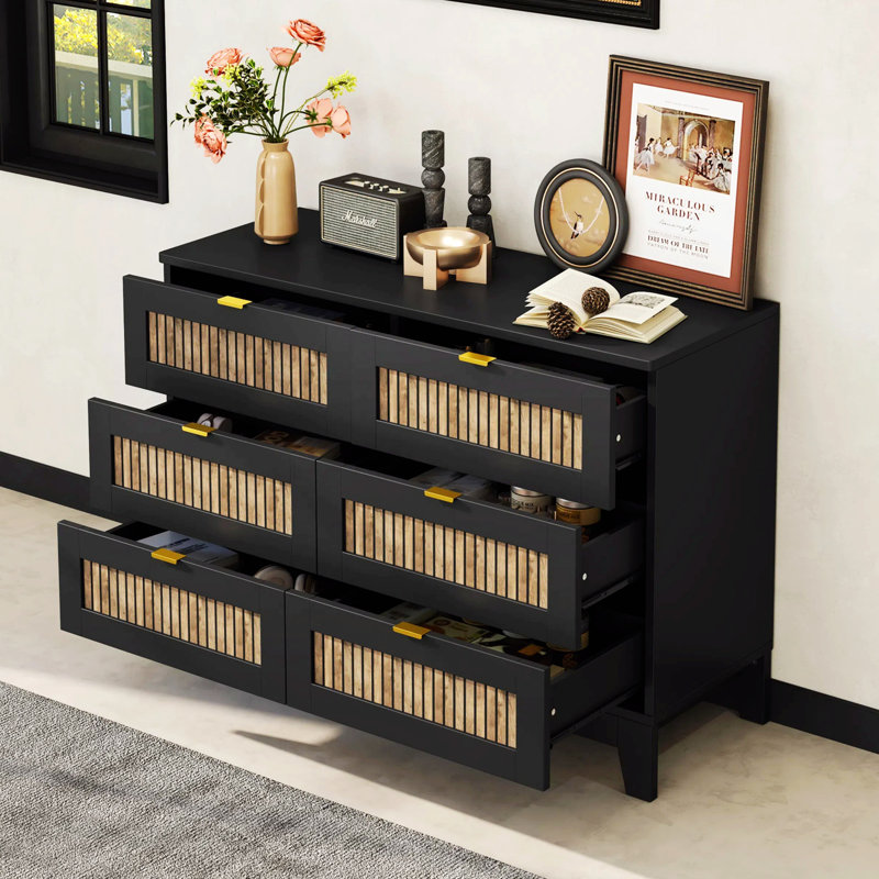 Commode en bois avec 6 tiroirs, Noir
