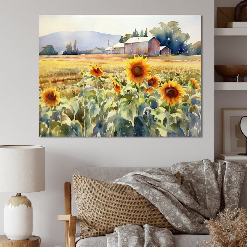 Tournesol doré à la ferme II - art mural floral encadré, H 24 po x l 32 po x P 1 po, Toile tendue