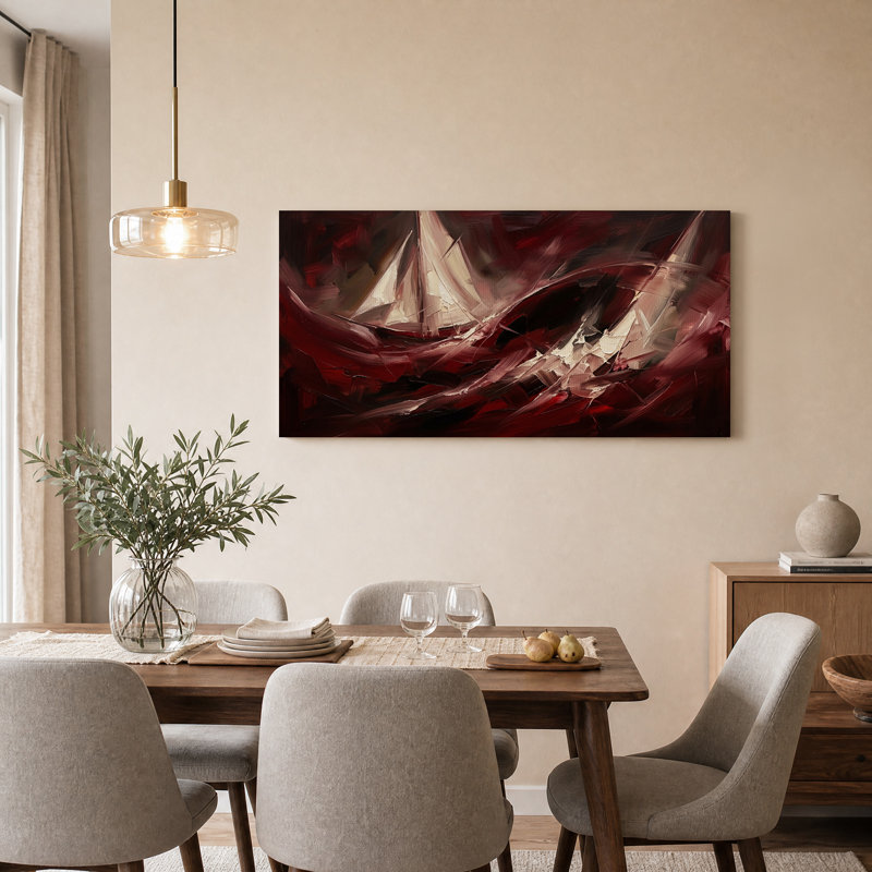 Tableau abstrait à coups de pinceau rouge foncé et crème sur toile, L 32 po x H 16 po