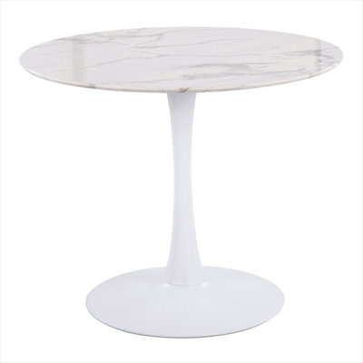 36-Inch Round 4-Seater Dining Table with White Marble Veneer Top and Steel Pedestal Base in Clean White
