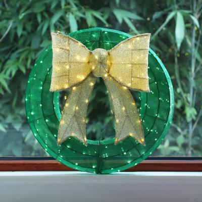 24'' Lighted Green Christmas Wreath With Gold Bow