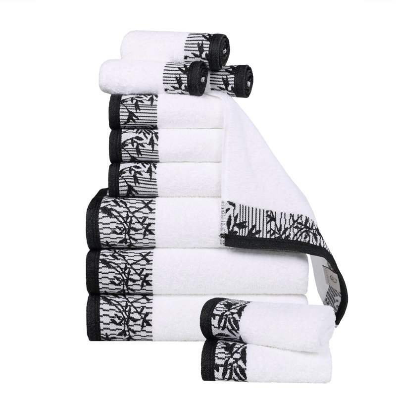 Carinna Cotton Medium Weight Floral Jacquard Border Assorted Bathroom Towel Set, White/Black, 12 Piece Towel Set