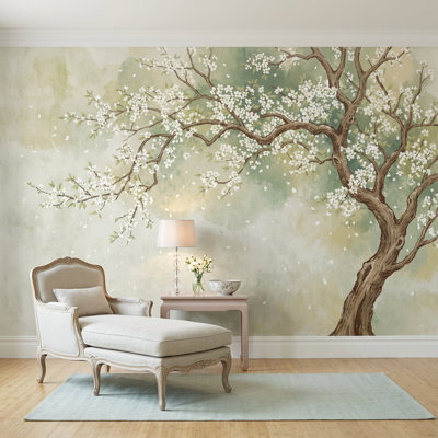 Watercolor Wallpaper Blossom Tree Removable Falling Petals Wall Decor