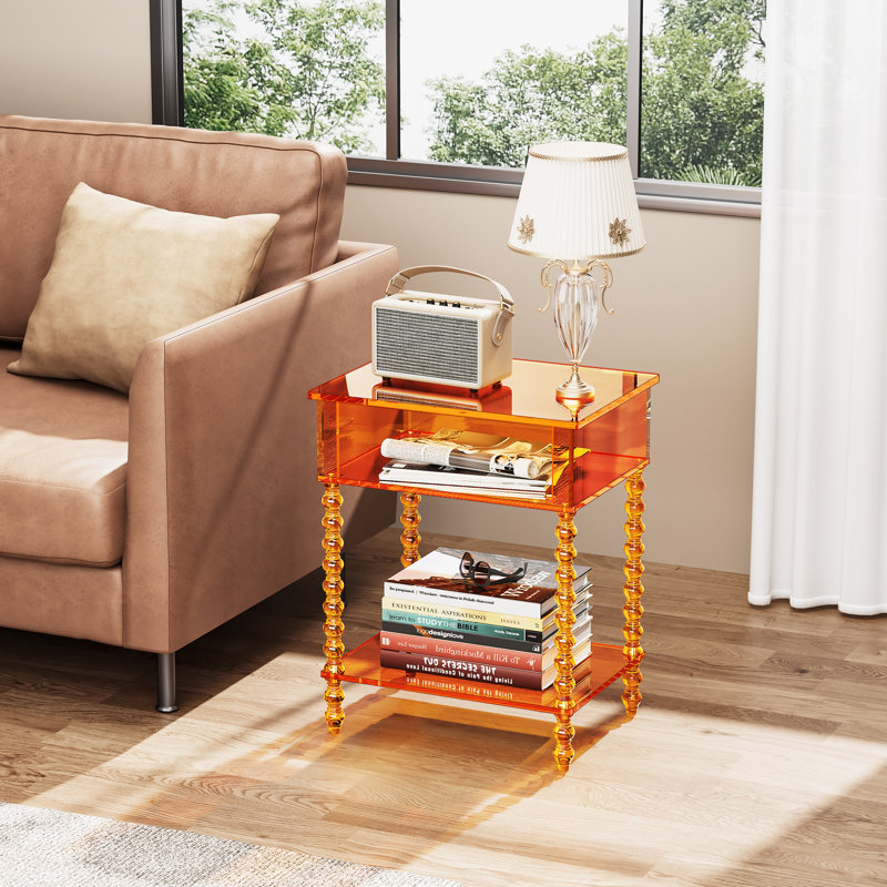 Acrylic Side Table, Clear 3-Tier End Table With Storage, Nightstand For Living Room, Bedroom, Office, Orange