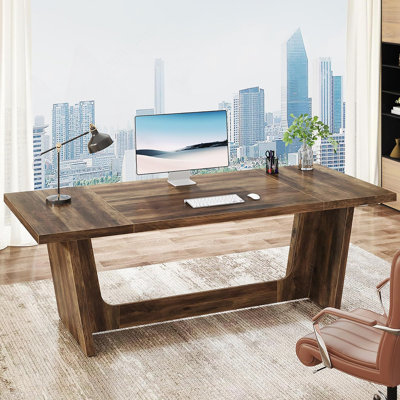 71" Executive Desk for Home Office – Industrial Rustic Wood Computer Table with Solid Wooden Pedestal, Large Writing Workstation for Study or Business