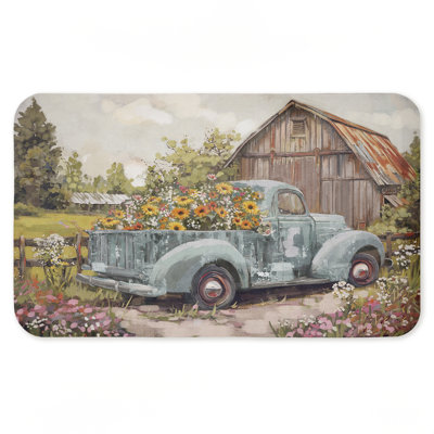 Tapis de sol anti-fatigue vintage imprimé camion avec fleurs, design par Nina Blue, 30 po x 18 po