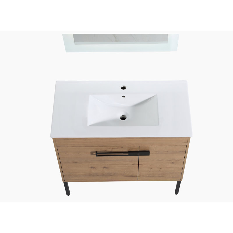Meuble-lavabo simple 36 po avec plateau en céramique Ashaya, Imitation chêne