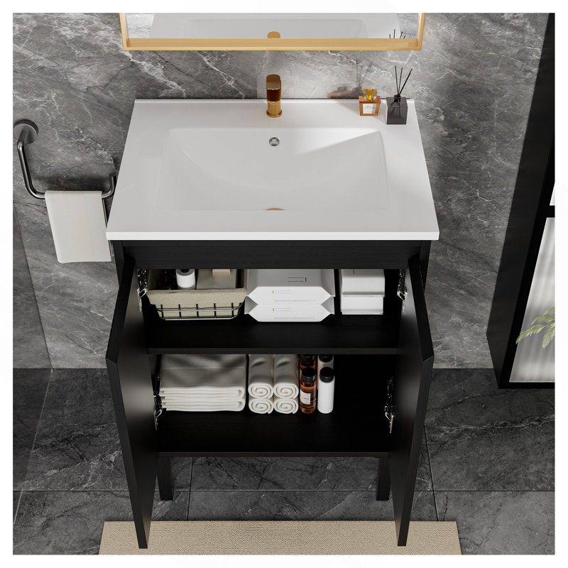 Meuble-lavabo de 24 po avec lavabo, structure autoportante pour la stabilité, portes à fermeture douce pour un fonctionnement silencieux, finition en chêne élégant pour une esthétique moderne (lavabo blanc)