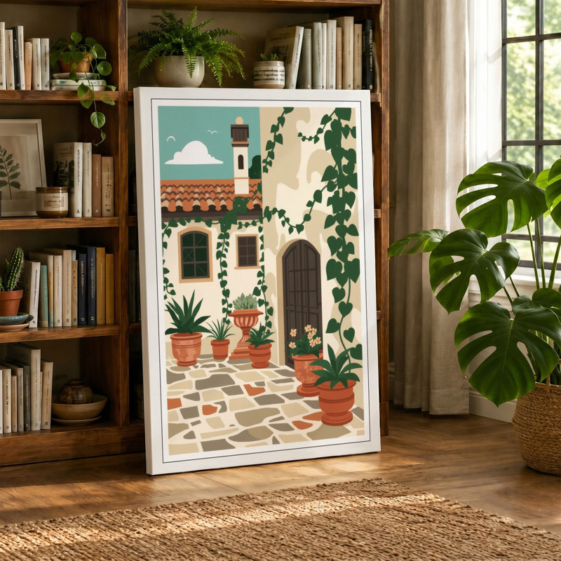 Mediterranean Courtyard Coastal - Wrapped Canvas, 24x16 - 61.0 x 40.6 cm, Ochre Border