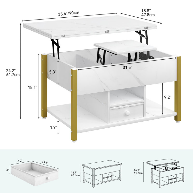 Afeez Lift Top Coffee Table with Storage，Extendable Coffee Table Centre Table for Living Room, Gold, White