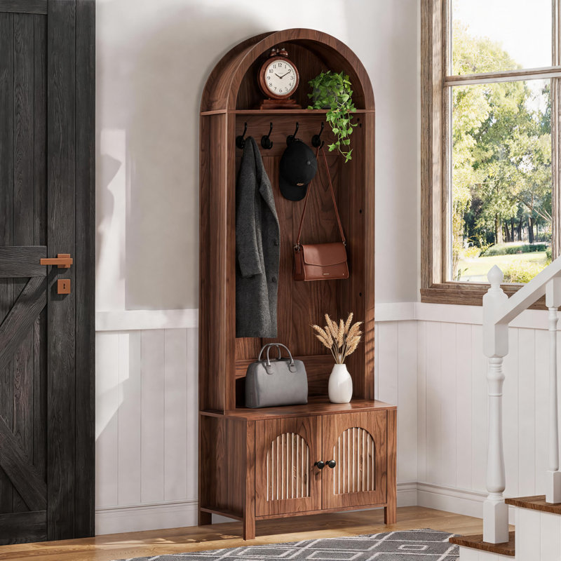 70.8-Inch Walnut-Colored Farmhouse-Style Arched Coat Rack With Hooks, Cabinet Door Stool, Multi-Functional Storage For Entryway And Hallway.