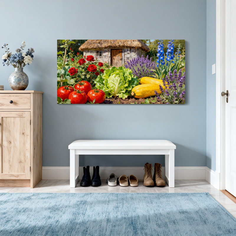 Maison de campagne avec tomates et fleurs, H 16 po x l 32 po