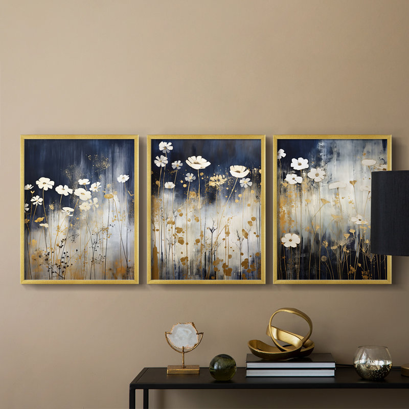 Étude florale Cxxxi -Set de 3 estampes numériques encadrées -Prêt à, Cadre doré, H 10 po x l 8 po